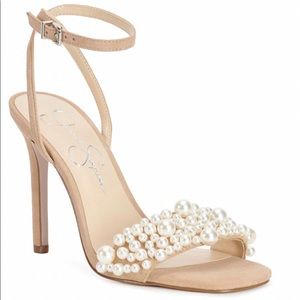 High Heel Sandal with ankle strap and embellishment
